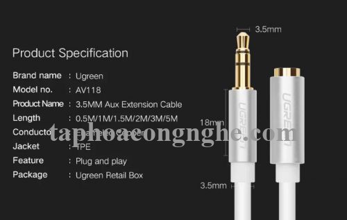 Ugreen 10777 3M màu Trắng Cáp âm thanh 3.5mm nối dài đầu nhôm AV118 30010777